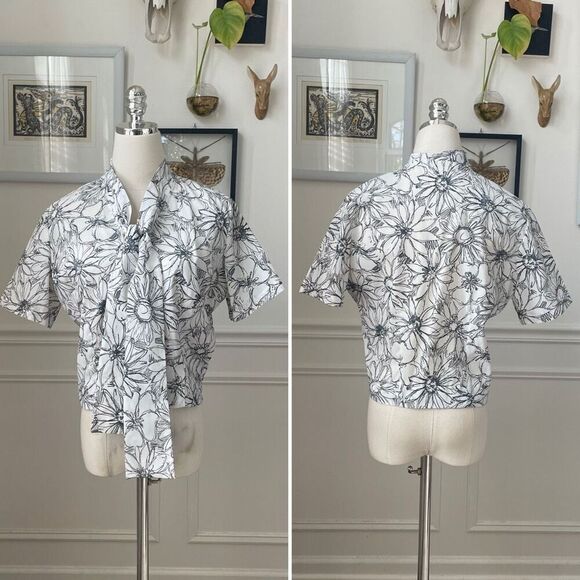 Vintage 70s Cropped Blouse Neck Tie Sketch Floral S - Picture 1 of 8